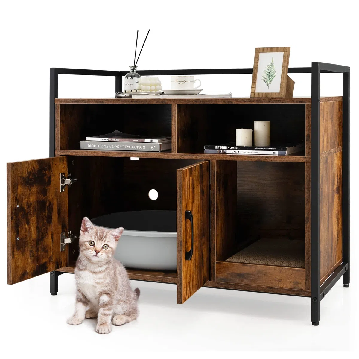 COSTWAY Katzenschrank Katzentoilette mit Doppeltüren & Kratzunterlage, Katzenhaus mit offenem Regal & 2 Fächern, Katzenhöhle Katzenklo Schrank, für Katzen Hunde Haustier (Braun)