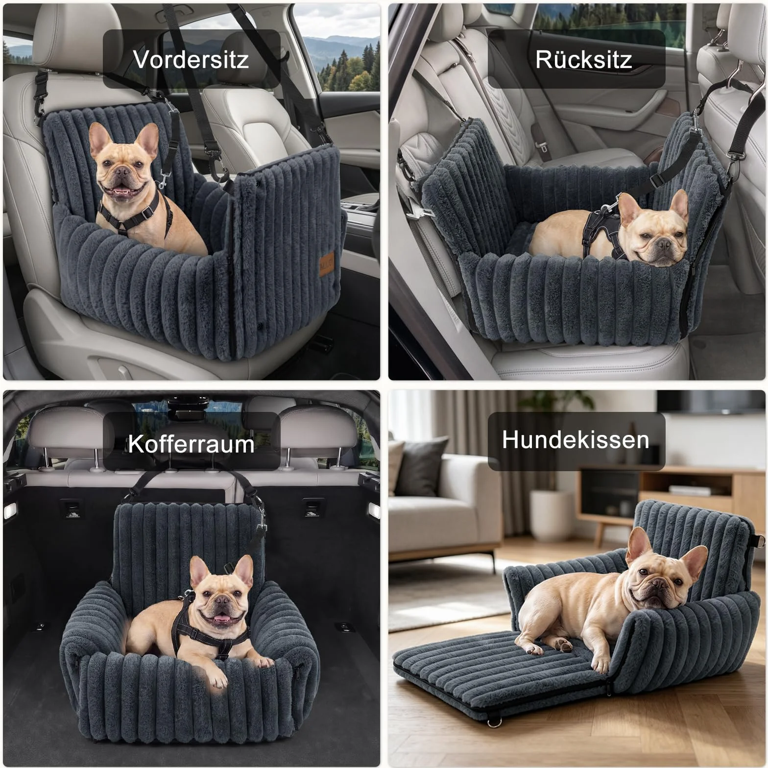 MIXJOY Hunde Autositz für kleine bis mittlere Hunde, Waschbarer Ansteckbare Leine verdickter Memory-Schaum-Füllung, Hundebett Auto für Rückbank Vordersitz, Grau