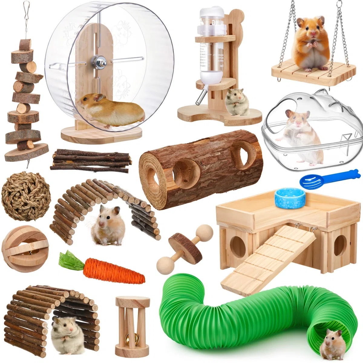 19-teiliges Hamsterspielzeug-Set, Hamsterkäfig-Zubehör, inklusive 3-Zimmer-Holzhaus, leises Laufrad, Wasserflasche mit Ständer, Katzenform, Futternapf, 10 Holz-Kauspielzeuge für Hamster