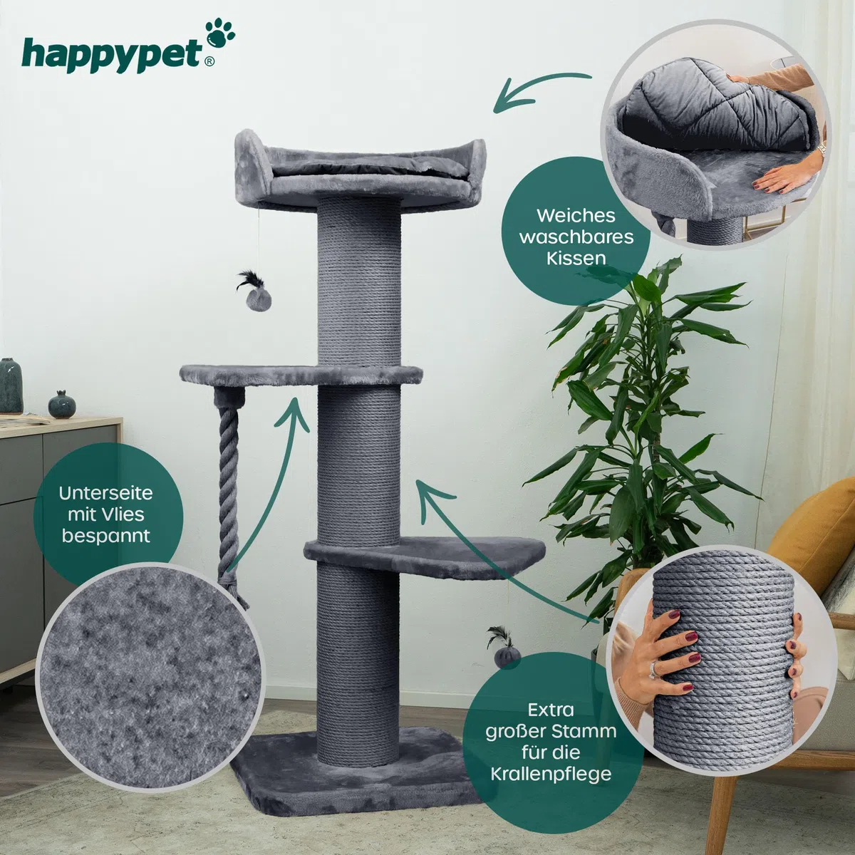 HAPPYPET Premium Kratzbaum Grosse Katzen Stabil 'Freddy' – 150 cm Großer Katzenbaum, Kletterbaum für Maine Coon, Natursisal, 20 cm Dicke Stämme - Grau