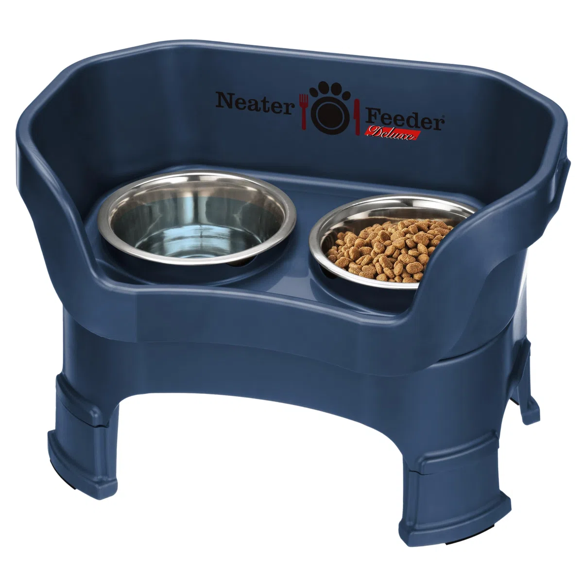 Neater Feeder Deluxe-Hundenäpfe für mittelgroße Hunde (8,6–18,1 kg), 2 höhenverstellbare (25,4 cm & 31,8 cm), kein Verschütten, erhöhter Futternapf, Edelstahl, hergestellt in den USA, Dunkelblau