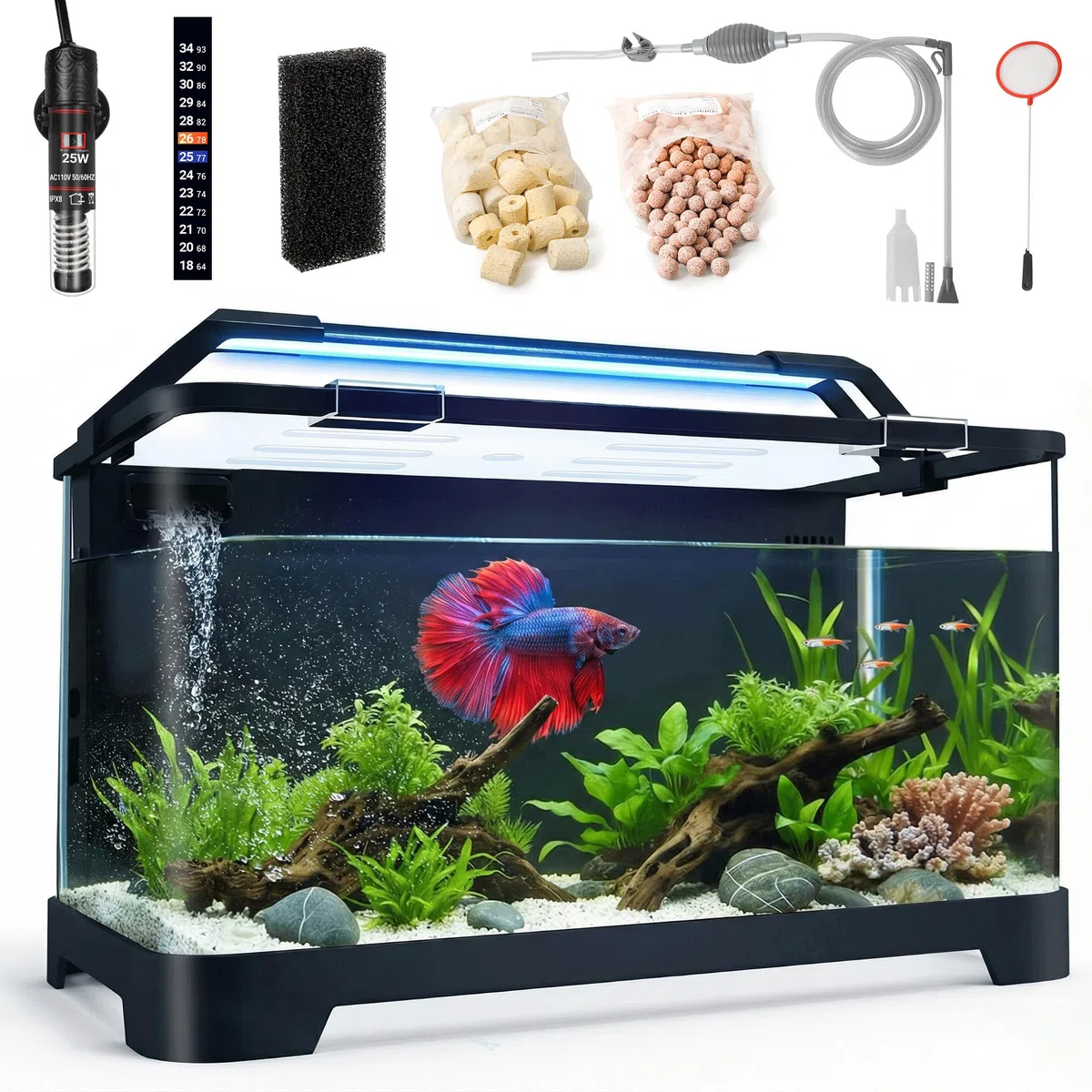 Selbstreinigendes Aquarium-Starter-Set für Betta, kleine Fische und Garnelen, Betta-Fischbecken mit Heizung, Thermometerstreifen, LED-Licht, verstecktem Filtersystem und Wasserwechsel-Set