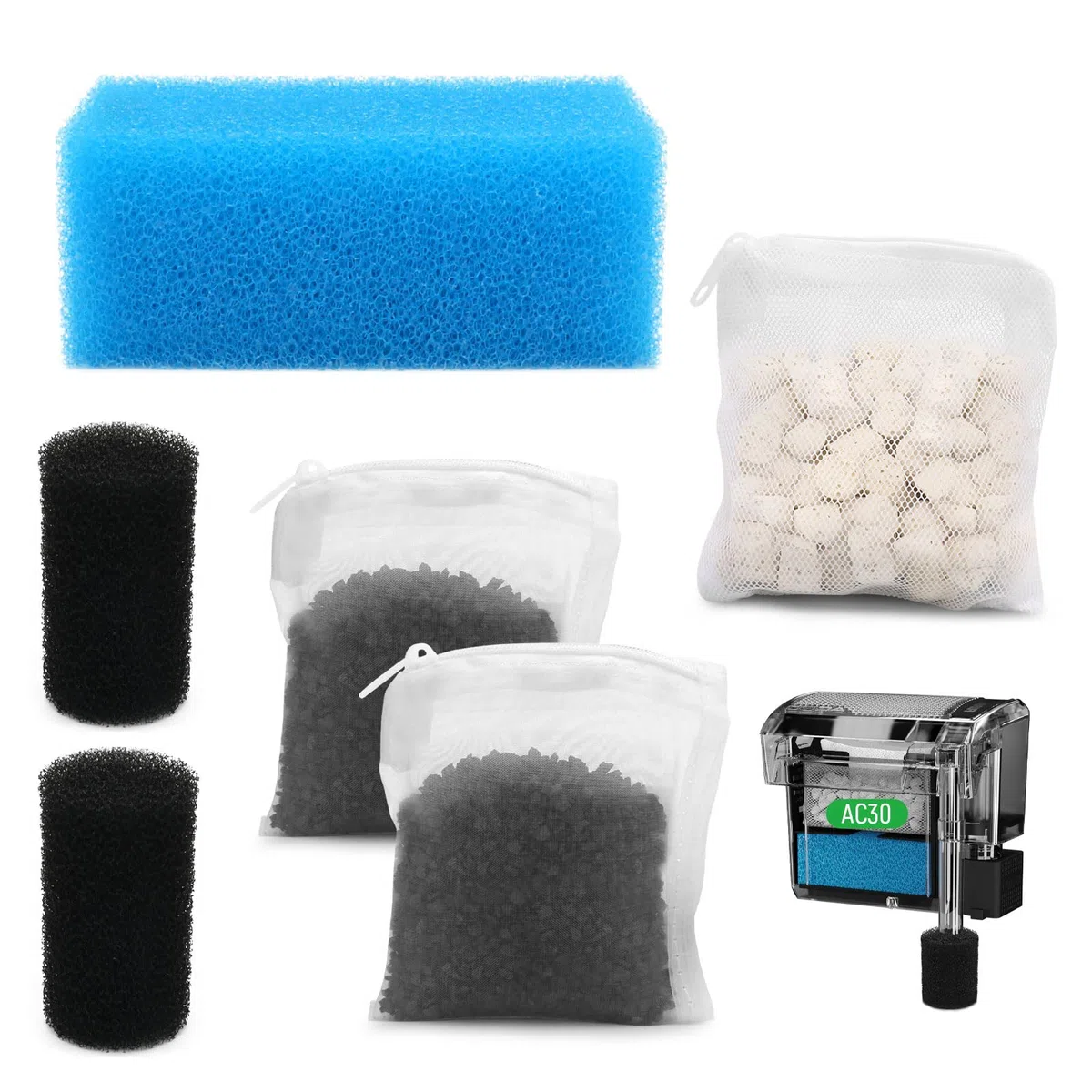 AC30 Aquarium Filtermedien Wartungsset Kompatibel mit Fluval AC30 Power Filters, Enthält 1 Blauschaum, 2 Aktivkohle, 1 BioMax Pellets, 2 Ansaugsiebschwamm, für Süß- und Salzwasser