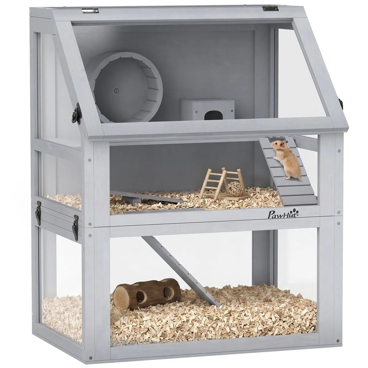 PawHut Hamsterkäfig aus Holz, 3 Etagen, Rennmauskäfig mit abnehmbarem 32 cm tiefem Boden, Hütte, Wippe, Laufrad, Rampen, Hellgrau