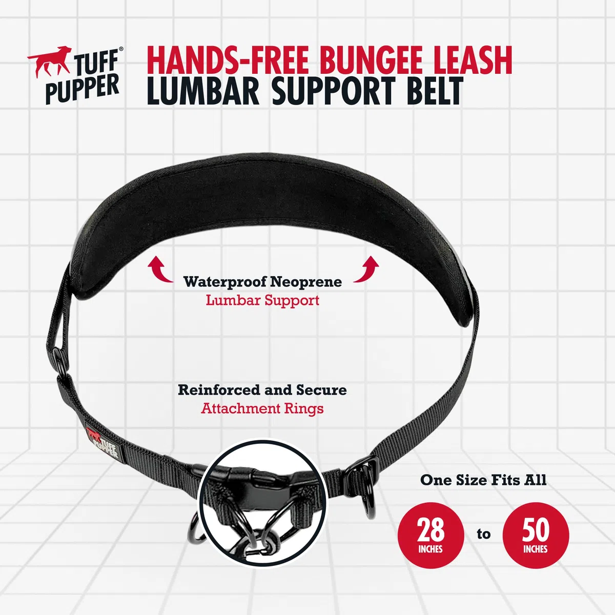 Robuste, freihändige Hundeleine von Tuff Pupper | Ein großer Hund bis 55 kg | Bequemer, stoßdämpfender Bungee | Reflektierende gepolsterte Griffe | Lendengürtel 55-110 cm | Leine zum Joggen und Laufen