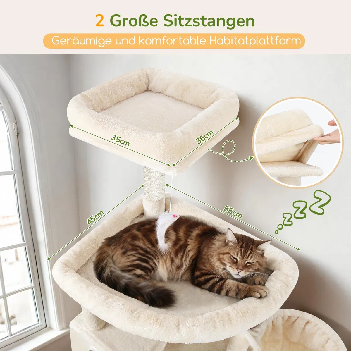 Globlazer S82 Kratzbaum Beige Groß XXL Stabil 210cm für Mehrere Groß Katzen | Luxus Katzenbaum mit mit 2 Katzenhaus, Große Plattform, 3 Korb, Sitzstangen, für 3-5 Große Katze Ausruhen Spielen Kratzen