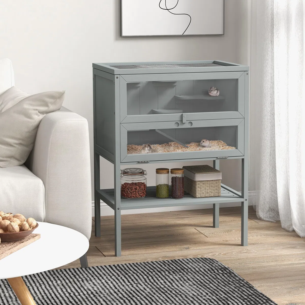 PawHut Hamsterkäfig aus Holz mit Ablage, Oben zu öffnende Oberseite für Rennmäuse, Grau