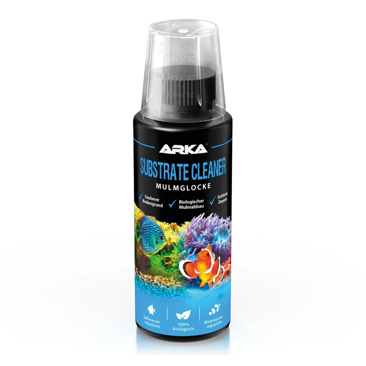 Bodengrundreiniger Aquarium 118 ml – biologischer Mulmabbau ohne Mulmglocke – entfernt Mulm, Futterreste & Schlamm – für Süß- & Meerwasser – ARKA Substrate Cleaner
