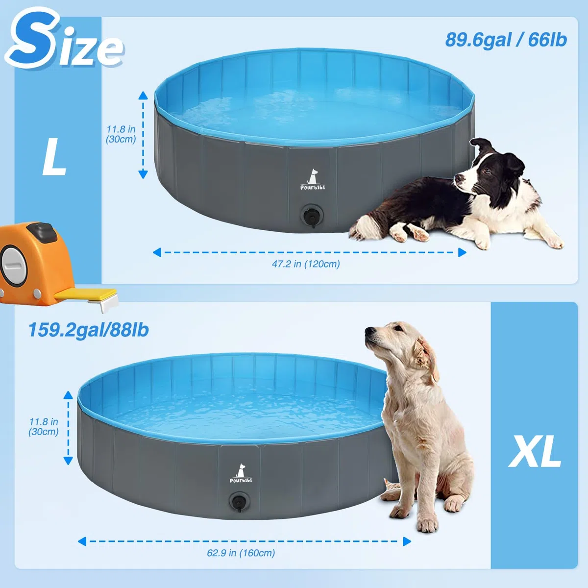 Pourbibi Hundepool für Große Hunde, Faltbare Schwimmbecken, Tragbarer PVC Hundepool 160 x 30 cm