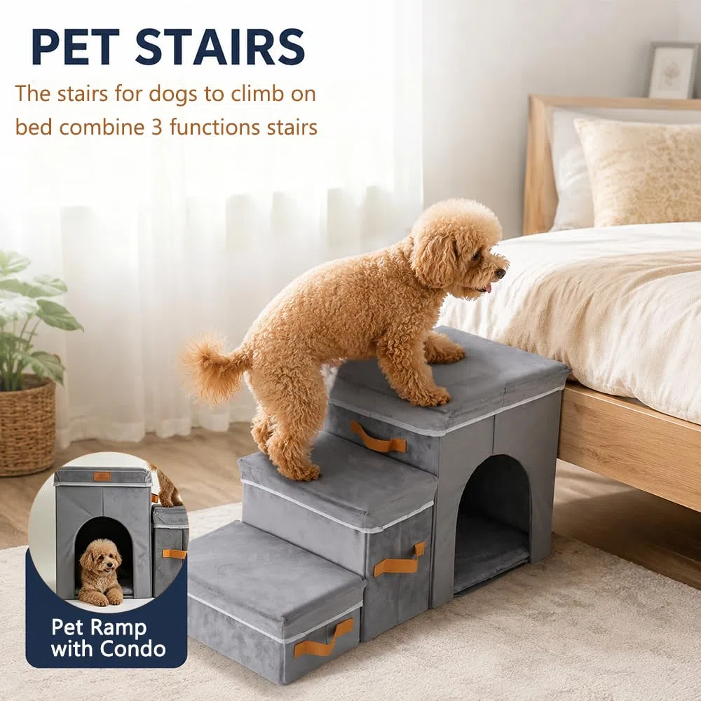 43,2 cm H Hundetreppe für hohe Betten bis zu 63,5 cm Höhe – Haustierstufen für kleine, mittelgroße oder große Hunde, faltbare Katzentreppe mit Stauraum und Höhle, 3-stufige Haustiertreppe für