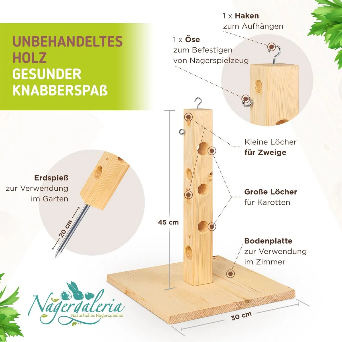 Futterbaum Kaninchen Meerschweinchen mit Bodenplatte aus Holz und Erdspieß fürs Freigehege Hasen | Heuraufe Kaninchen