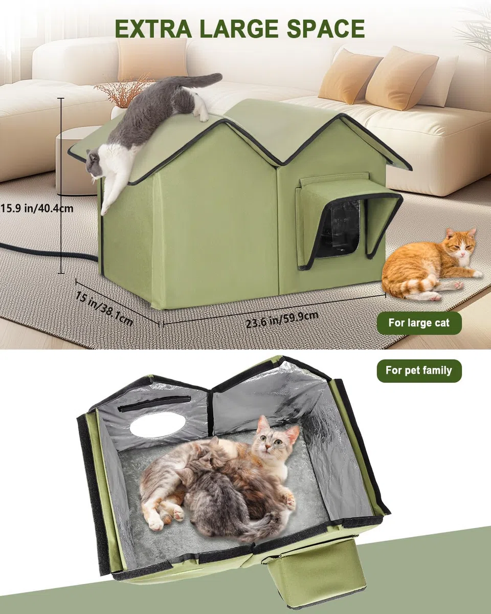 Großes Beheiztes Katzenhaus Outdoor Winterfest Isoliert, weich und warm Katzenhöhle für draußen mit Fluchttüren und Heizungspolster, robuster Katzenhütte Outdoor für mehrere Katzen und Hunde (Grün)