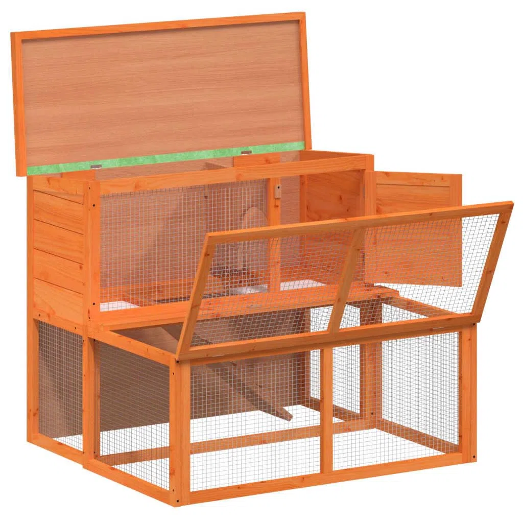 Kaninchenstall Braun aus massivem Kiefernholz 102 x 90 x 84,5 cm, Freilauf Gehege mit Rampe, Gitter, Auslauf, Dach und Wanne für Kaninchen, Meerschweinchen, draußen