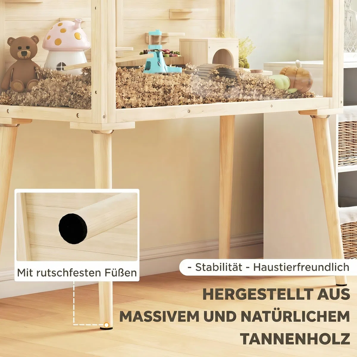 PawHut Hamsterkäfig mit Wippe für Hamster 110 x 52 x 101 cm Naturholz | Zwerghamstergehege, Kükenaufzuchtbox, Wasserflasche, Oberer Tür, Massivholzbeine, Kleintierstall, für Hühnchen Vögel