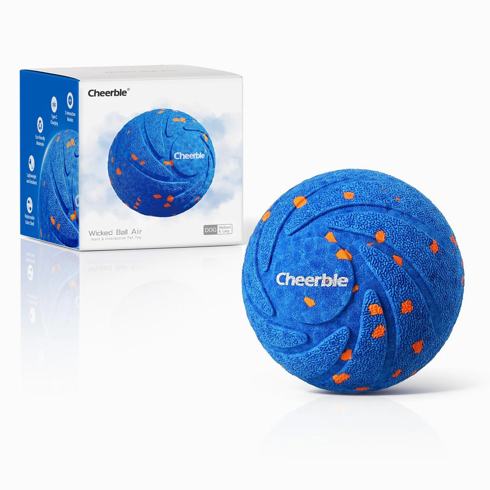 Cheerble Wicked Ball AIR - Interaktiver Hundeball mit 3 Spielmodi, Blau | Selbstbewegendes Hundespielzeug mit E-TPU Hülle, USB-C, IPX7 Wasserdicht, Ideal für Mittelgroße bis Große Hunde.