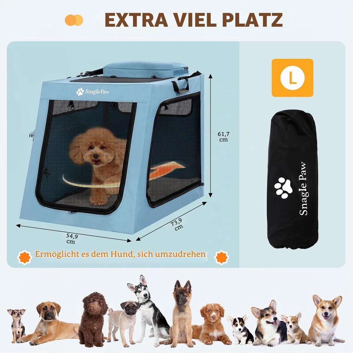 Snagle Paw Tragbare Hundebox für Autoreisen, zusammenklappbare große Hundebox mit Metallrahmen und 3-türigen Netzfenstern, sichert im Kofferraum/Rücksitz, weichseitige Transportbox für mittelgroße und