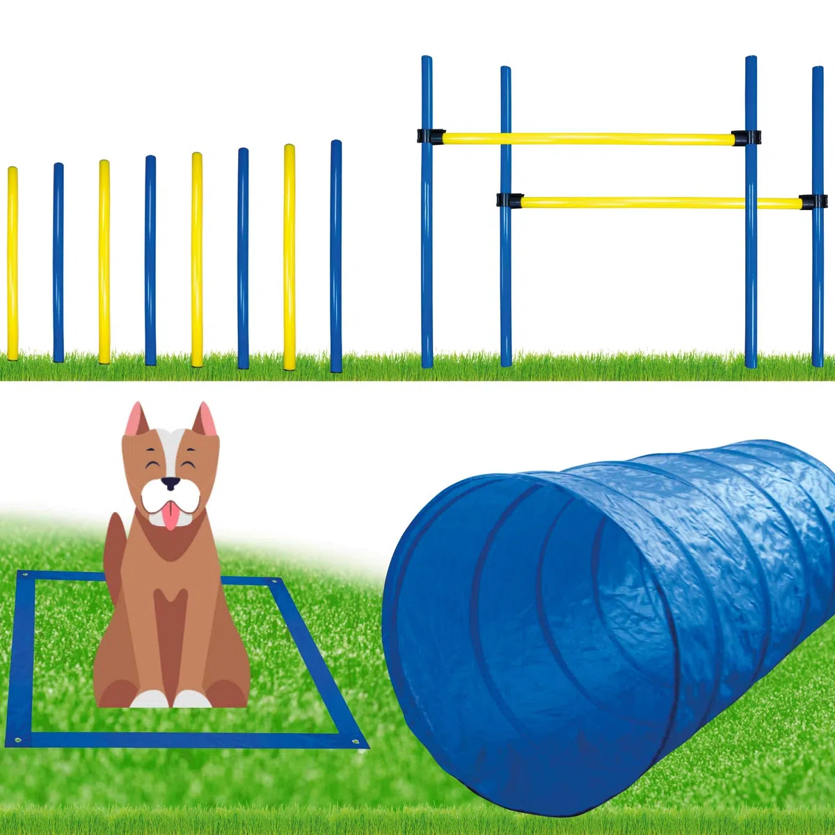 Schecker Dog Agility Set groß für Hunde mit Startfeld, Slalomstangen, Hürden, Tunnel und Tasche