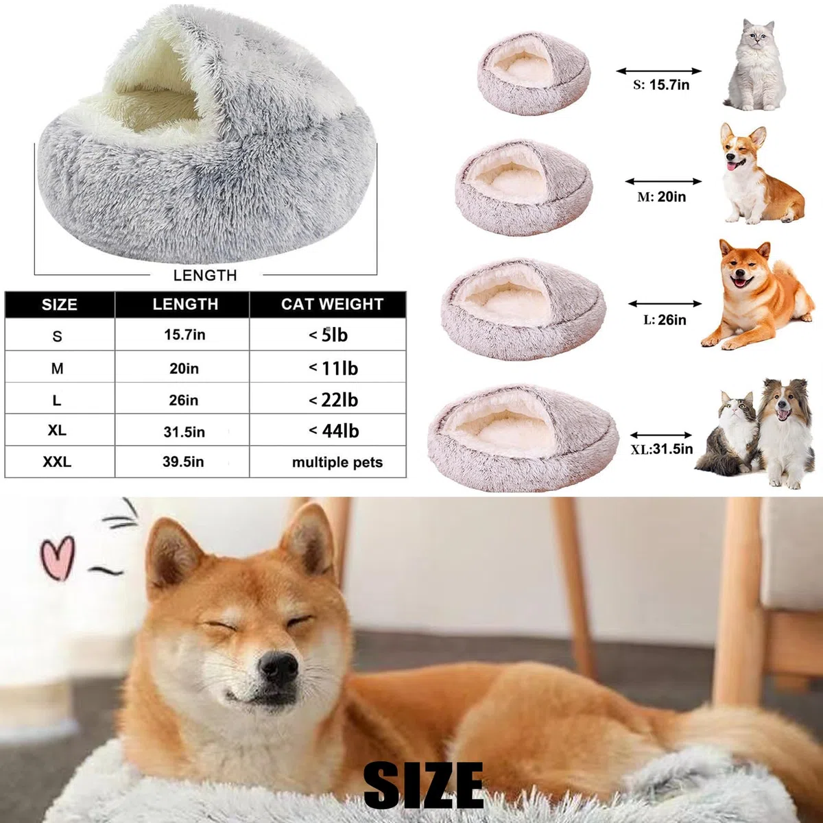 Hundebett mit Höhle, kuschelige Plüsch-Haustierhöhle für Hunde, Winterwärme, 66 cm Größe