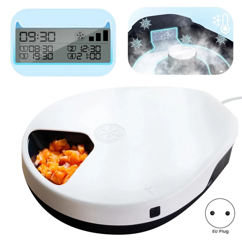 Automatischer Nassfutterautomat für Haustiere mit Kühlung, 5-Mahlzeiten-Timer, Halbleiterkühlung Hält das Futter Frisch, EU-Stecker