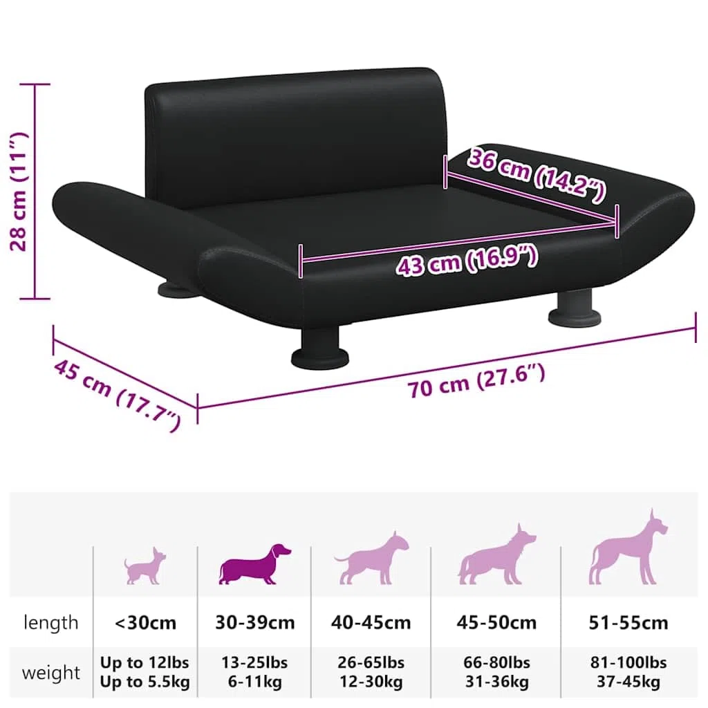 Hundebett Kunstleder Schwarz 70x45x28 cm mit Schaumstofffüllung, rutschfestem Bezug und stabilem Kiefernholzrahmen, ideal als Schlafplatz für kleine Hunde im Wohnzimmer oder Auto
