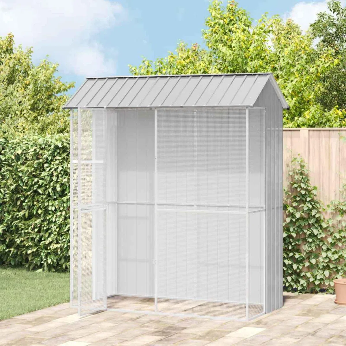 Vogelkäfig 215 x 110 x 247 cm aus verzinktem Stahl, Großes Gehege für Vögel im Außenbereich, Wetterfeste Vogelvoliere für Garten und Terrasse