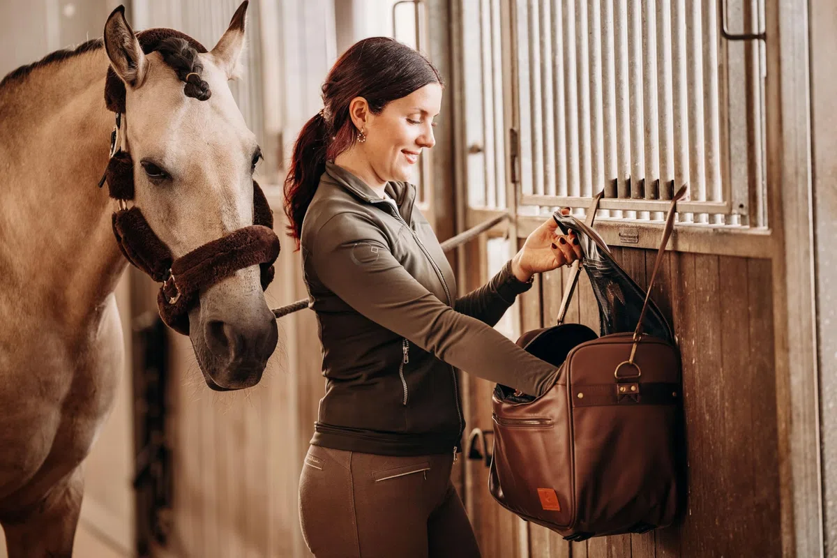 Putztasche für Pferde – veganes Leder, Braun-Gold | Robuste, wasserabweisende Putzbox aus veganem Leder mit flexiblen Trennfächern & Tragegurt