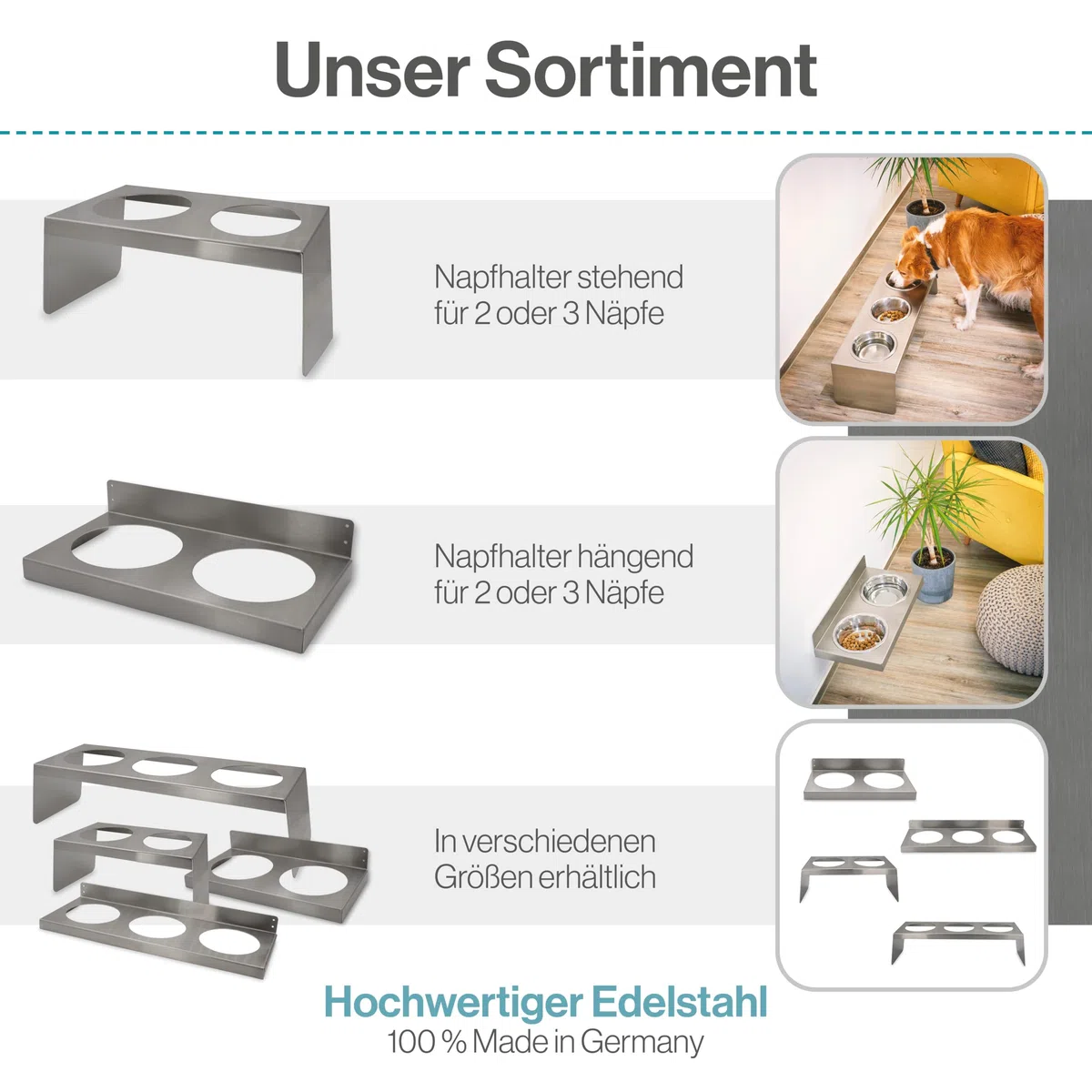 Feuerfest 123 Futterstation für 2 Näpfe I Ø 24cm I Hochwertiger Hundenapf zum Hinstellen I Stilvoller Hunde-Fressnapf aus 100% rostfreiem Edelstahl I Erhöhter Futternapf aus präziser Handarbeit