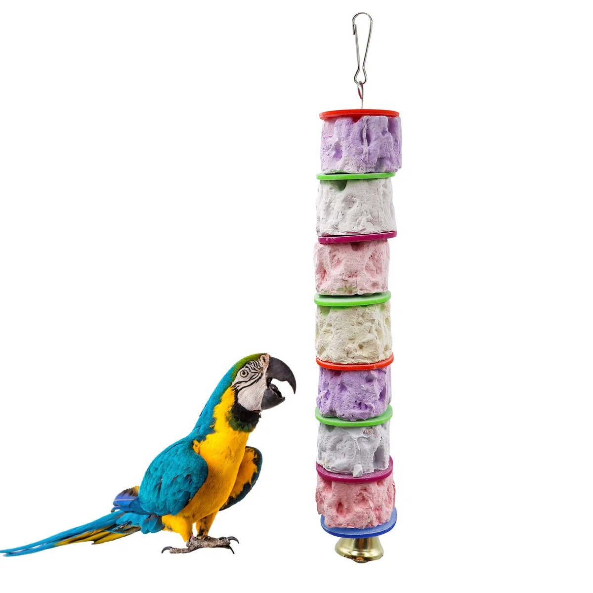 Großes Vogel-Kauspielzeug, bunter Papageienschnabel, mahlender Kalziumstein mit Glocken, Vogelkäfig-Zubehör, Käfigspielzeug für Nymphensittiche, Sittiche, Kaninchen, afrikanisches Grau (1 Packung)