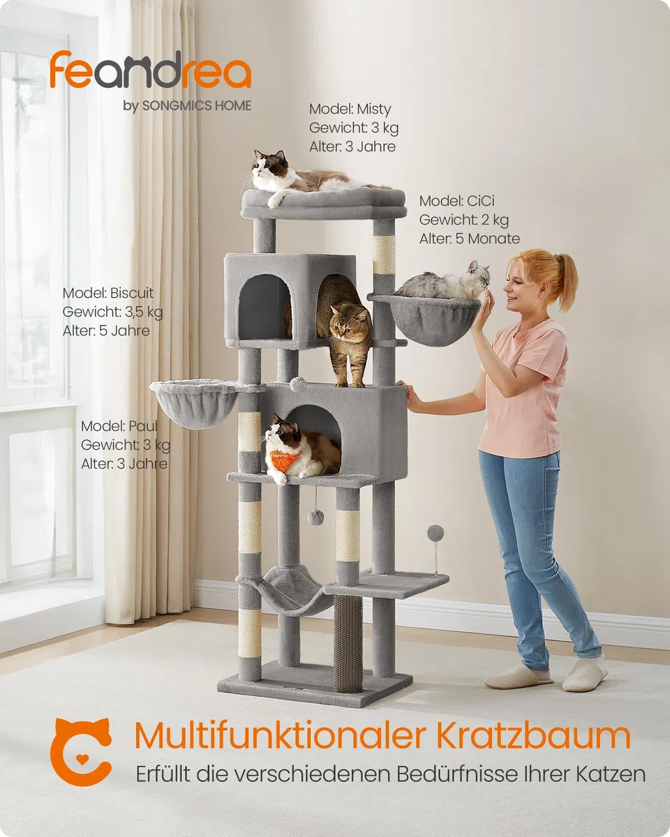 Feandrea Kratzbaum, 175 cm hoch, XL, mehrstöckiger Katzenbaum mit 2 Höhlen, 2 Liegemulden, 5 Kratzsäulen, Katzenbürste, große Plattform, Taubengrau PCT182G01