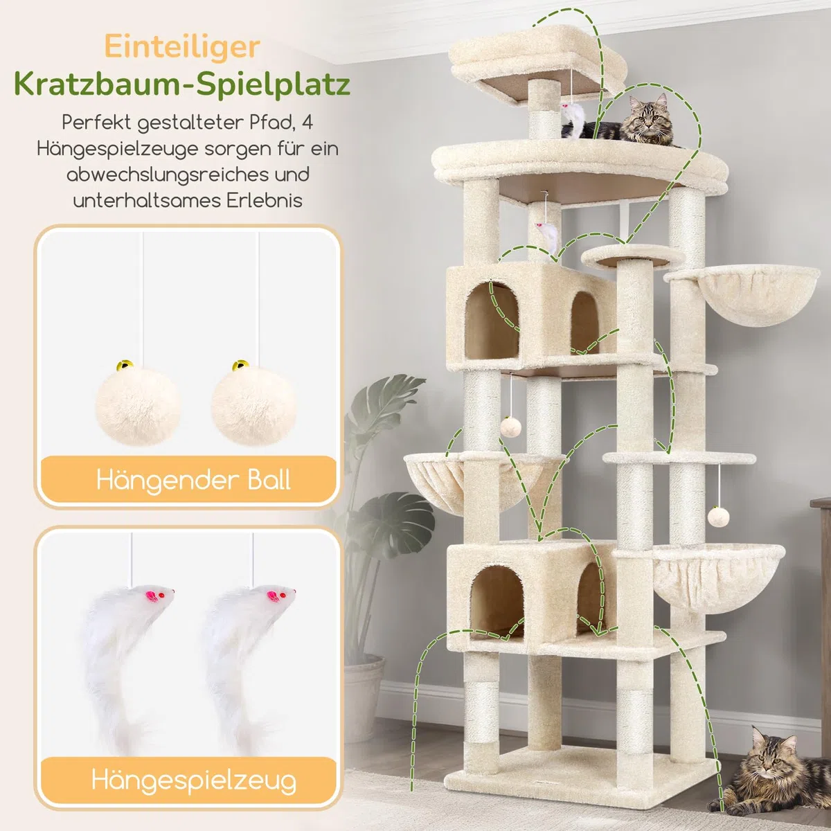 Globlazer S82 Kratzbaum Beige Groß XXL Stabil 210cm für Mehrere Groß Katzen | Luxus Katzenbaum mit mit 2 Katzenhaus, Große Plattform, 3 Korb, Sitzstangen, für 3-5 Große Katze Ausruhen Spielen Kratzen