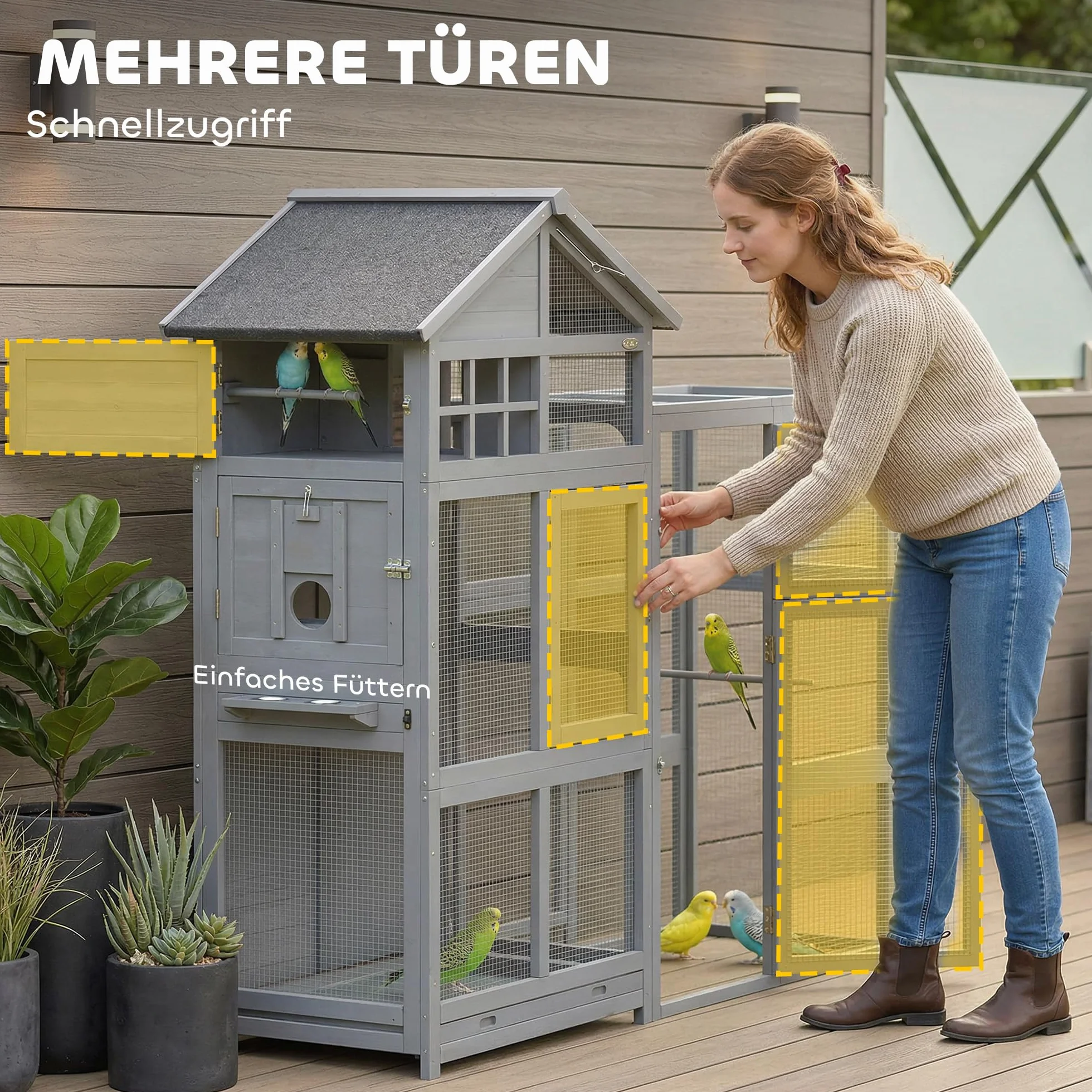 PawHut Voliere Vogelvoliere aus Holz mit Erweiterung 6 Sitzstangen 7 Türen Ablagefach Vogelkäfig mit herausziehbarer Schublade Edelstahlnäpfen Vogelhaus für Finken Wellensittiche Grau 196x60x164,5cm