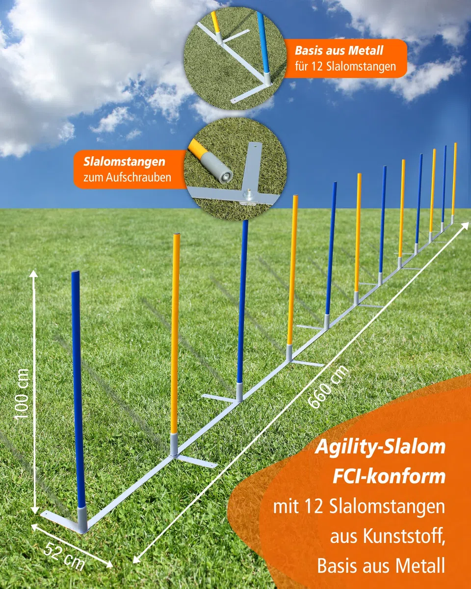 Agility-Slalom – Slalom für Turnier & Agility-Training – mit 12 Stangen & und Basis aus Metall – stabile Ausführung – FCI-konform – Set mit Tragetaschen