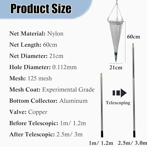Aquarium-Fischnetz, 21 cm Nylon-Planktonnetz mit Teleskopstange und 125 und 200 Maschen