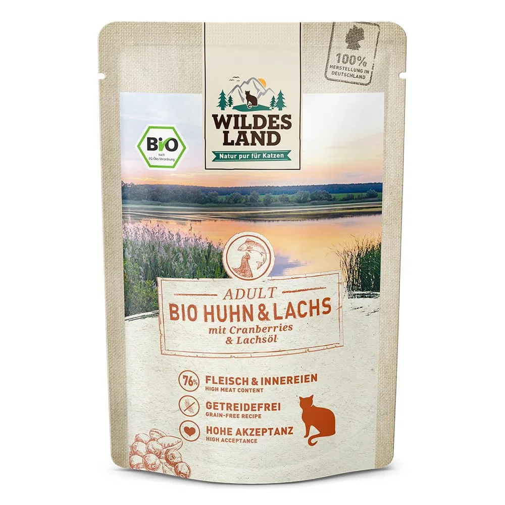 Wildes Land - Huhn & Lachs mit Cranberry - Bio Adult Nassfutter für Katzen - 60 x 85 g
