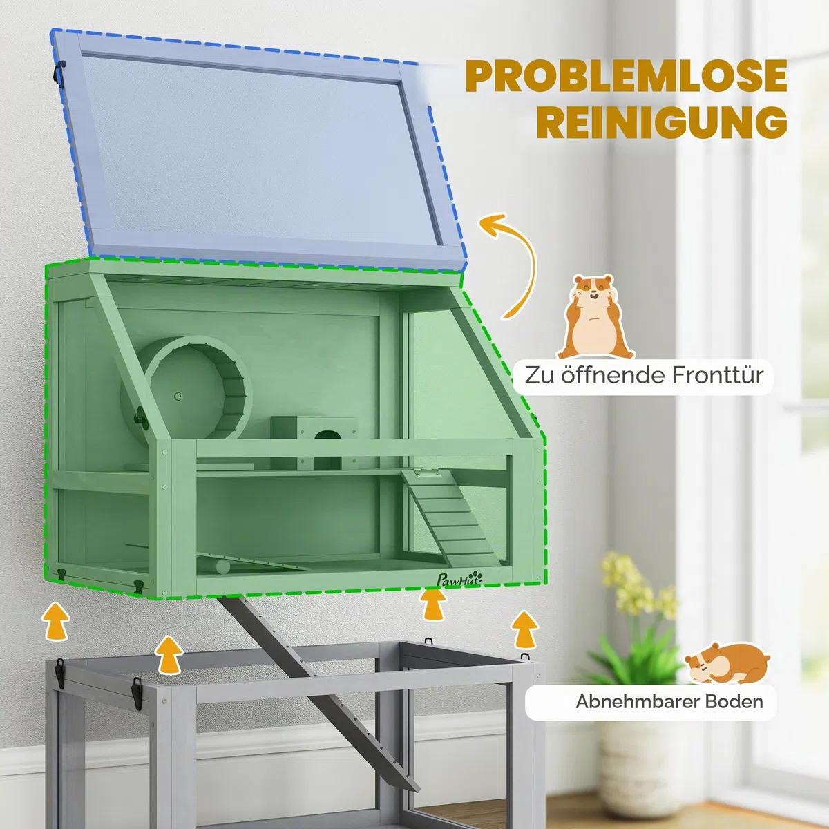 PawHut Hamsterkäfig aus Holz, 3 Etagen, Rennmauskäfig mit abnehmbarem 32 cm tiefem Boden, Hütte, Wippe, Laufrad, Rampen, Hellgrau