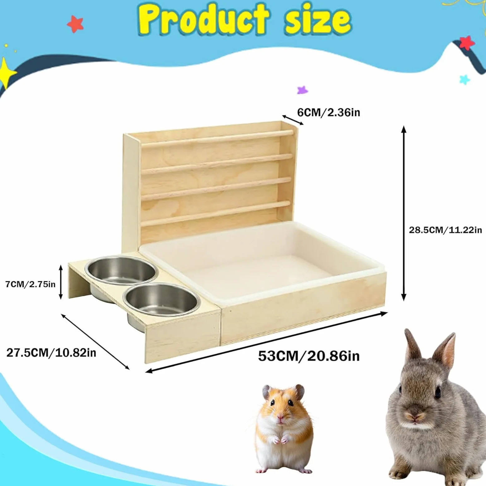 Kaninchenfuttertrog mit Katzenklo, Näpfen Und Tränke, Hölzerner Kaninchenfuttertrog für