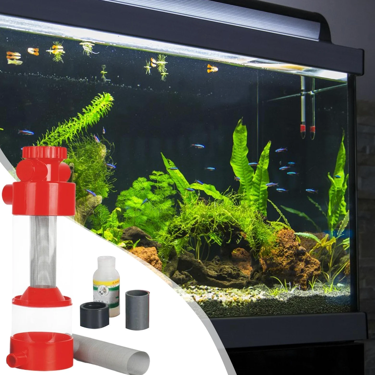 Aquarium-Abfallsammler, externer Aquarium-Reinigungsabscheider mit Edelstahl-Netzfilter, Sedimententfernungswerkzeug für Betta-Garnelen-Zuchtbecken