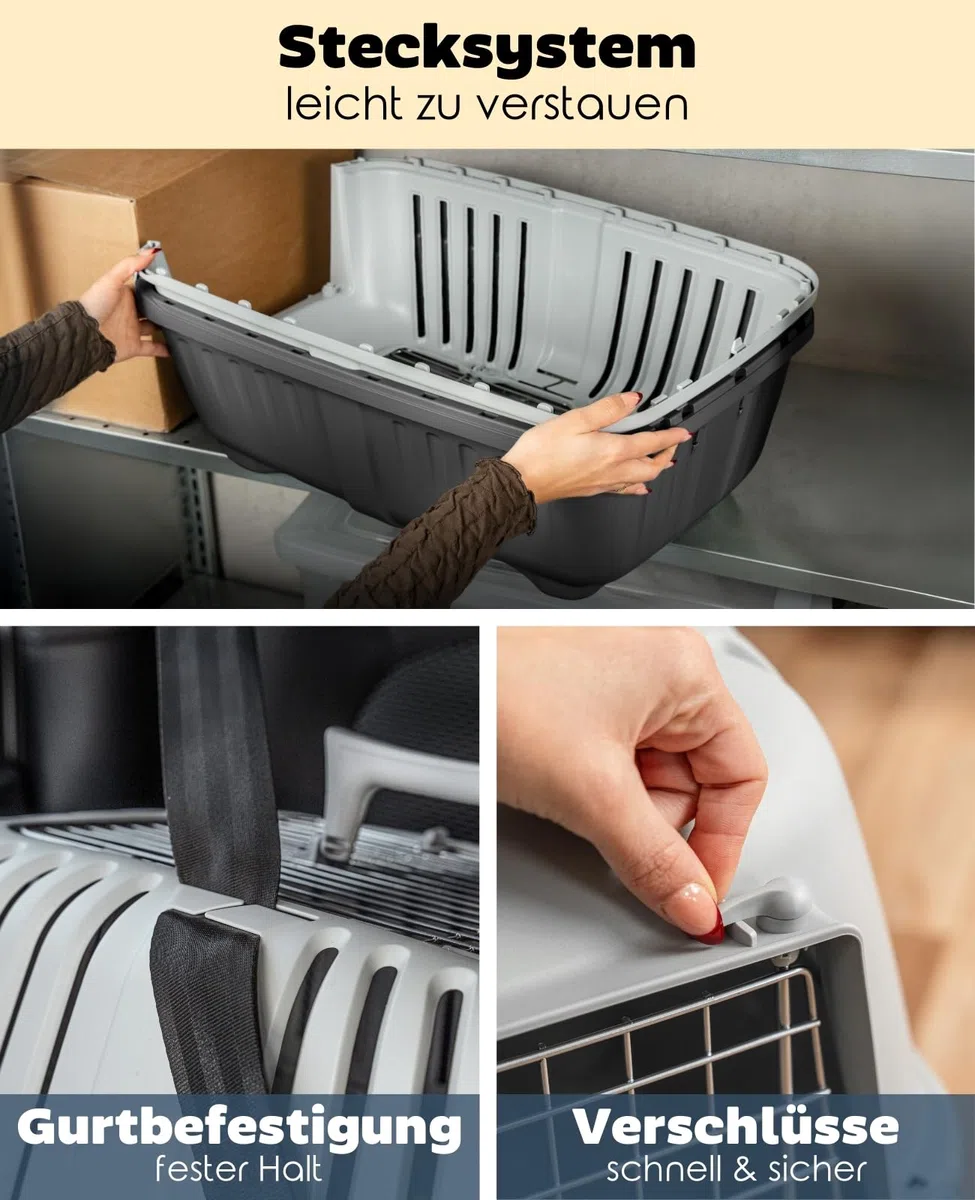 lionto Hundetransportbox aus Kunststoff mit Metallgitter, 58,5x35,5x40 cm, Transportbox mit praktischem Schließsystem & Tragegriff, auch geeignet für Katzen & Kleintiere, für Haustiere bis 15kg, grau
