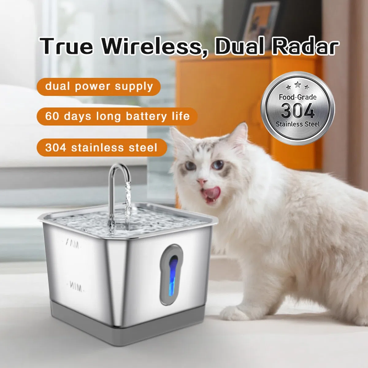 Bewinner Smart Katzenbrunnen – 3,5 L Kabellos Edelstahl Katzen Trinkbrunnen, Leiser Automatischer Cat Water Fountain mit Aktivkohlefilter für Haustierbrunnen