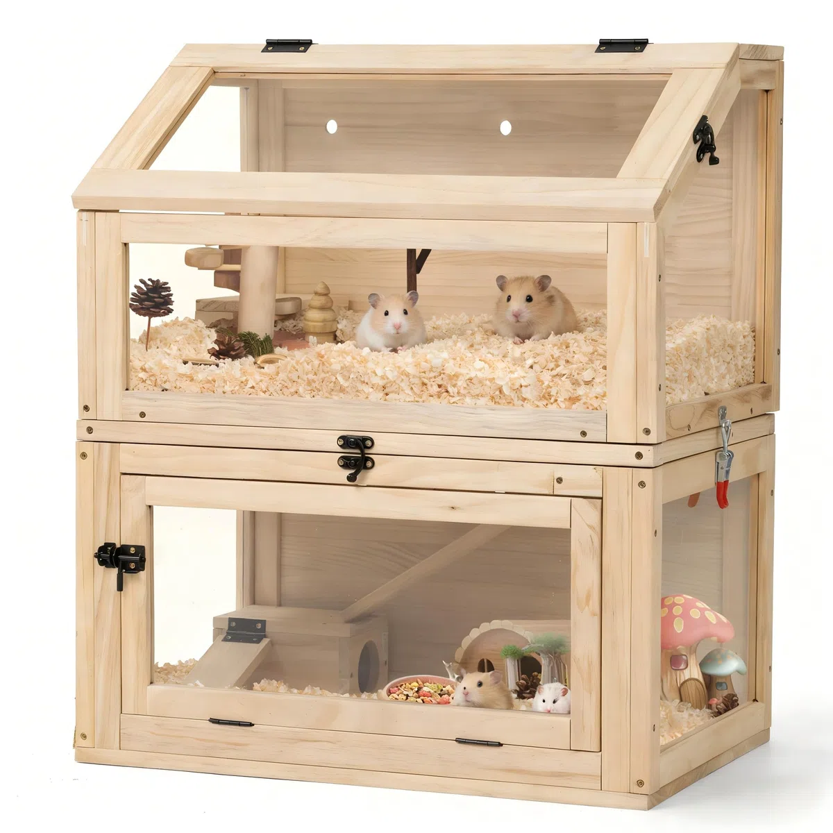 Hamsterkäfig Nagarium Zweistöckig Naturholz mit Acrylglas – Groß 60x40x70cm, Rattenkäfig für Bücherratte, Mehrstöckiger Käfig mit Trennbaren Ebenen & Klapptüren