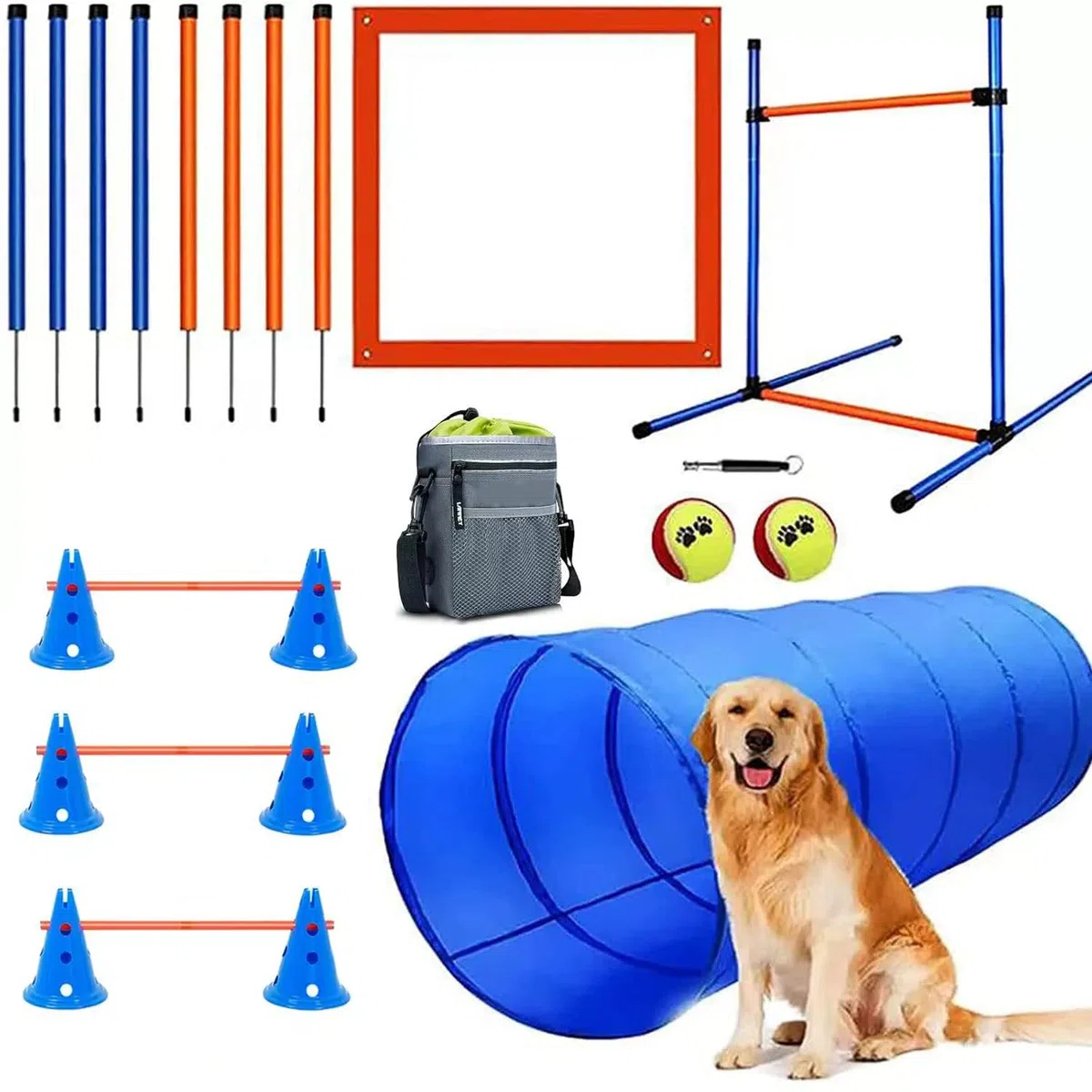 Agility Set Hunde Groß,Hindernisse Hobby Horsing,Agility-Trainingsausrüstung, Ausgestattet mit Hundetunnel,Hürden,8 Slalomstangen,2 Tennisballspielzeugen,Pausenbox, Markierungsstäben,3 Kurzen Stangen