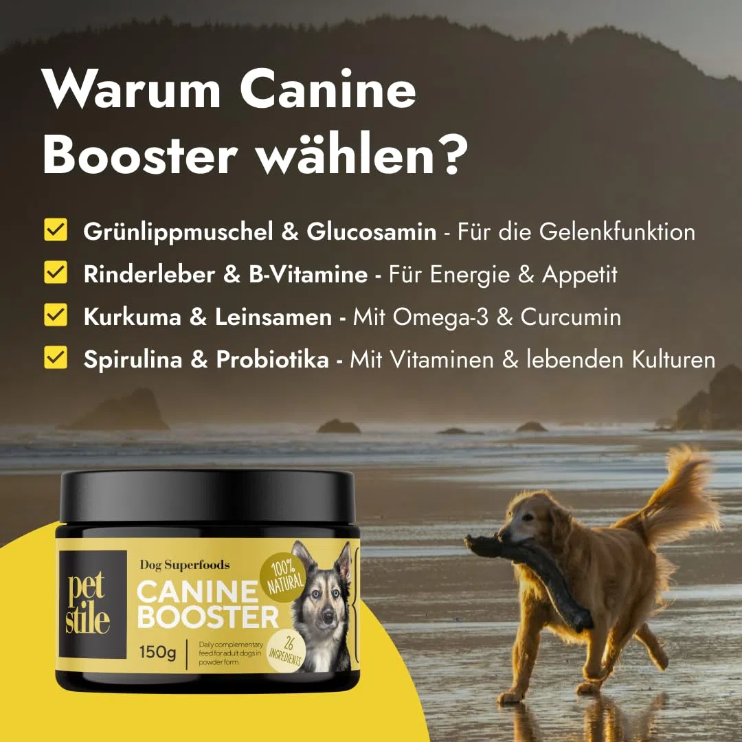 Canine Booster mit Grünlippmuschel-Extrakt für Hunde - Expertenformulierte Superfood-Mischung mit 26 Wirkstoffen - 150g Pulver