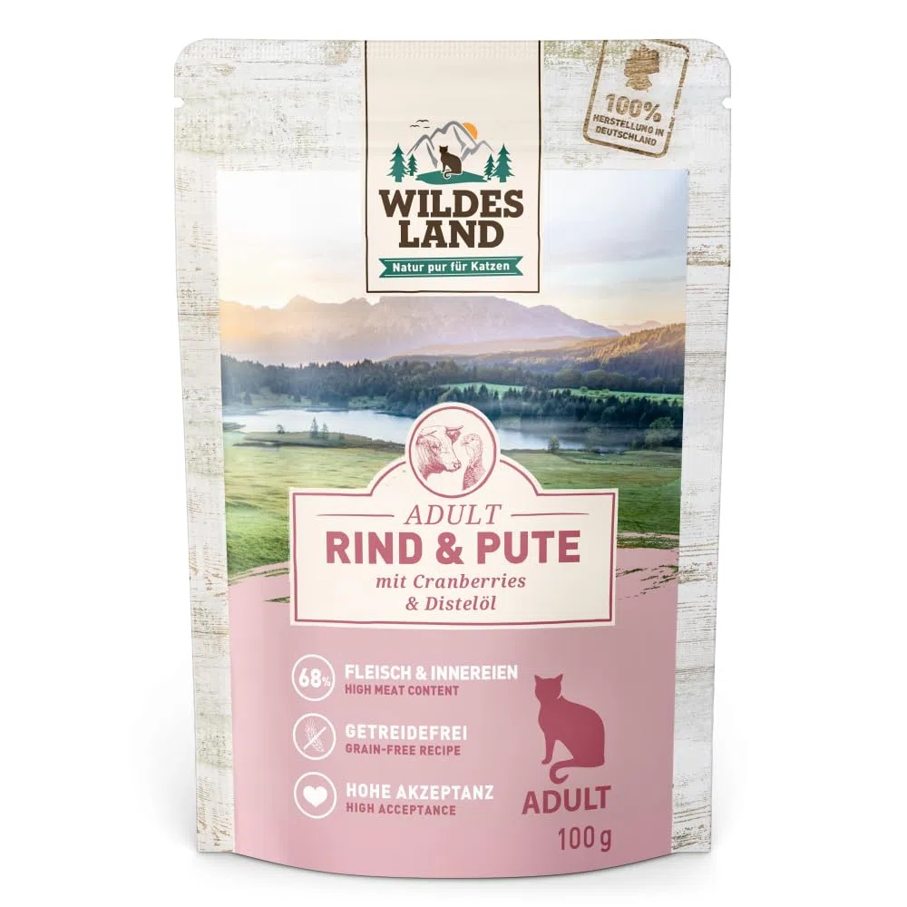 Wildes Land - Rind und Pute mit Distelöl - Classic Adult Nassfutter für Katzen - 60 x 100 g
