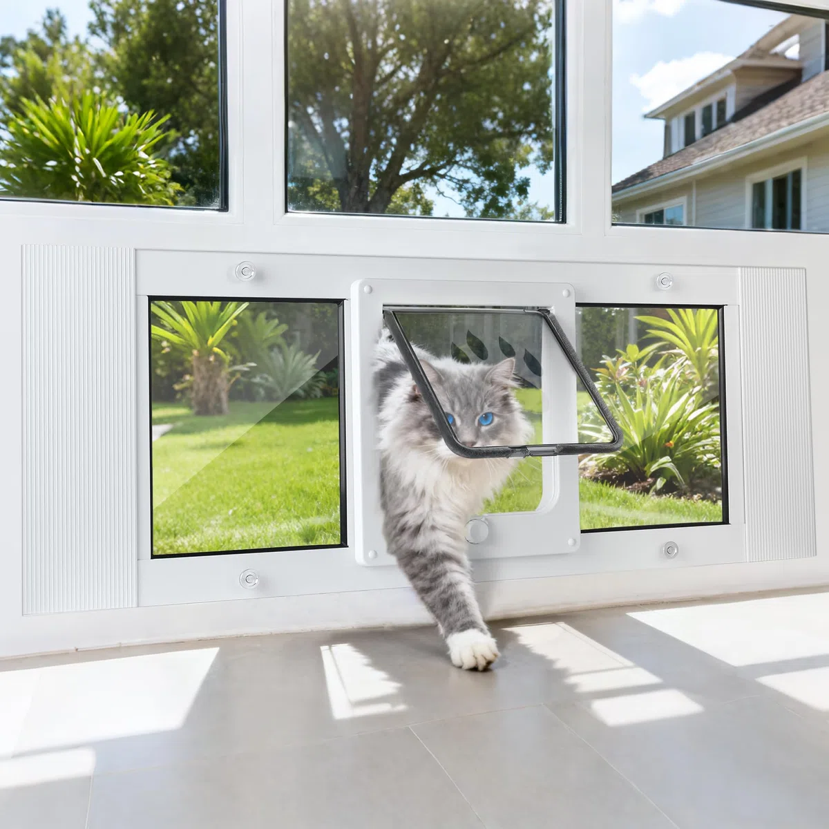 Slevoo Katzentür für Fenster, 10 Minuten, keine Schnittmontage, verstellbare Breite von 58,4 cm - 71,1 cm, verbessertes 4-Modi-Knaufschloss, wetterfester Aluminiumrahmen, Katzentür-Fenstereinsatz für