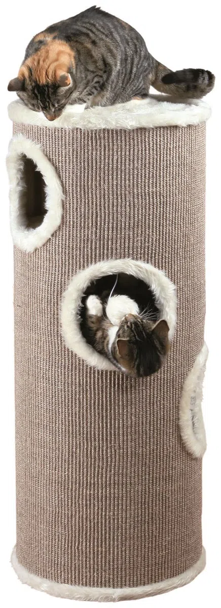 TRIXIE Katzen-Kratztonne Edoardo, zweistöckig, Höhle – 100 cm, Taupe/Creme | Sisal-Kratzflächen zur Krallenpflege – gemütlicher Rückzugsort, komfortabel, standfest und robust gebaut