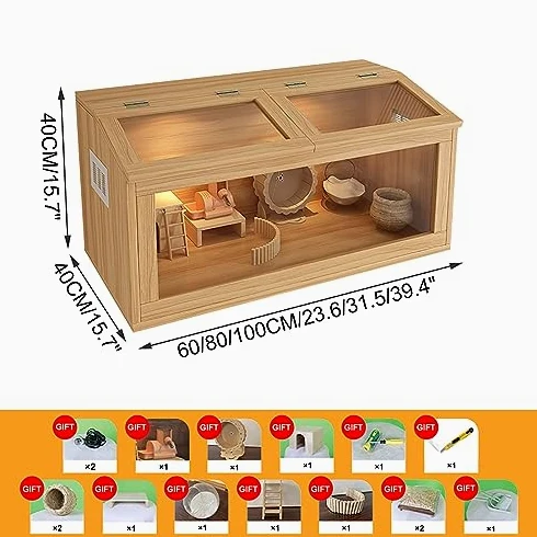 Hamsterkäfig aus Holz, mehrstöckig, Kleintier-Lebensraum für Kaninchen, Meerschweinchen, Chinchillas, Dachfenster, einfache Montage, stabiles Design mit Heizlampe & Zubehör, 60 x 40 x 40 cm