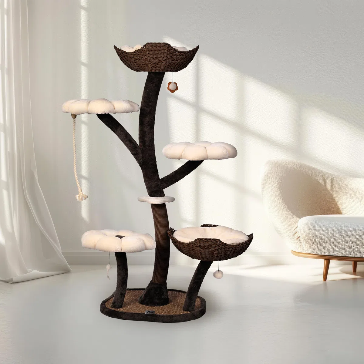 Kratzbaum „Le Fleuron“ – 145 cm eleganter Design-Katzenbaum mit Sisal, stabilem Standfuß und weichen Liegeflächen, hochwertiger Kratz- und Kletterbaum für Wohnung & Haus braun-beige