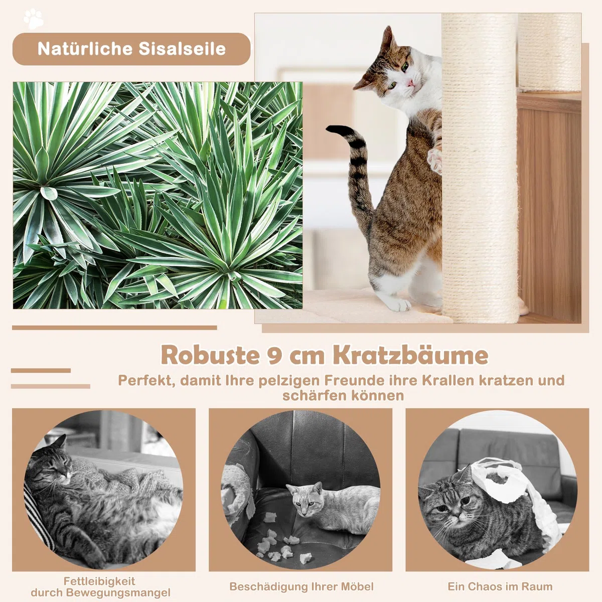 COSTWAY 6-stöckiger Kratzbaum Holz, 176cm Katzenbaum mit gemütlicher Matten & Höhle & Katzenbogen, Katzenkratzbaum Groß, Katzen Katzenmöbel, Kletterbaum Aktivitätsbaum Spielbaum, Beige