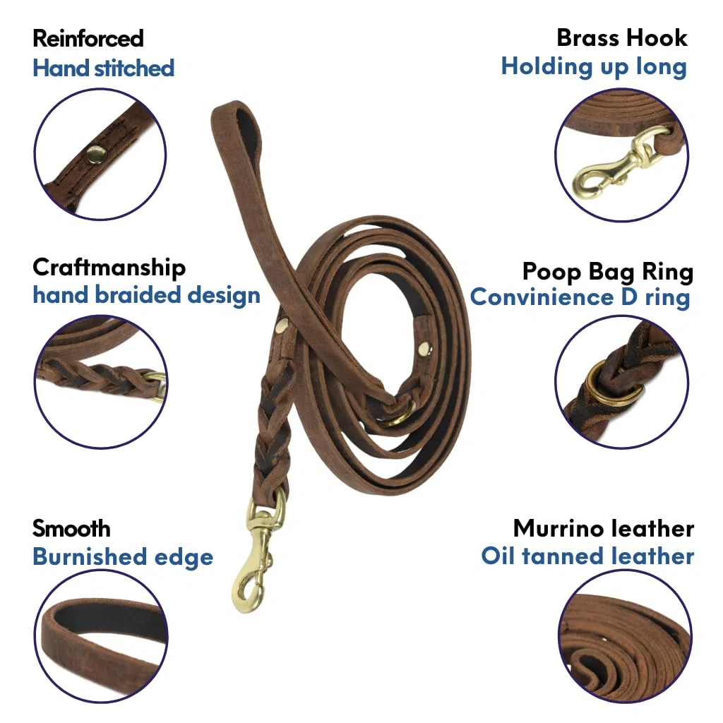 Hundeleine, geflochten, Leder, 152 cm, Vollnarbenleder, strapazierfähig, für große, mittelgroße und kleine Hunde, weiches Leder, ideal für Training, tatsächliche Größe (1.5 m, Dunkelbraun)