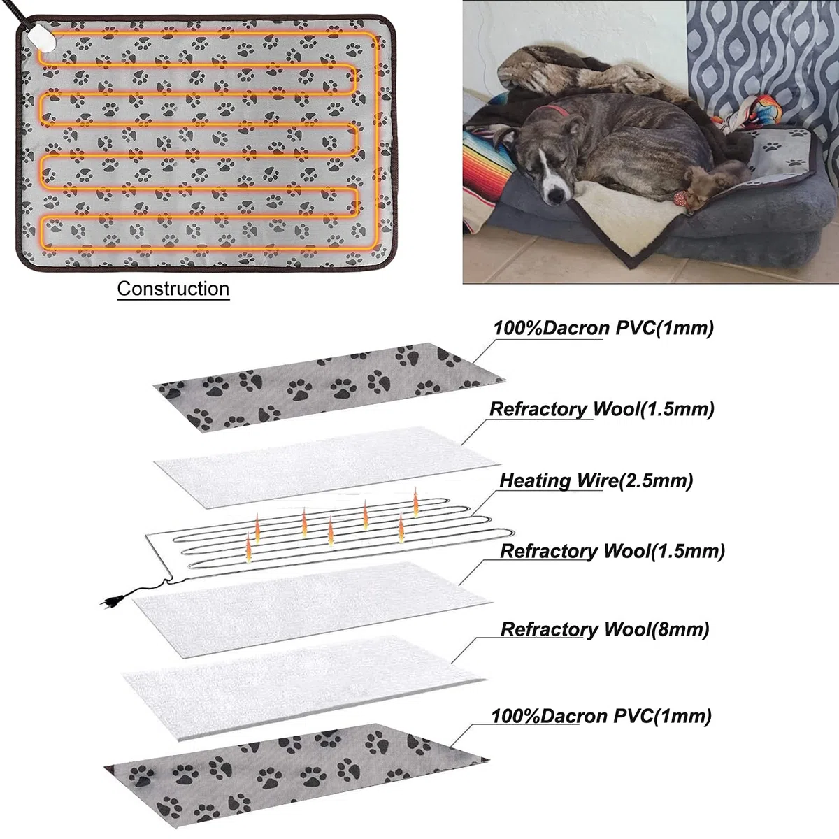 Heizkissen für Haustiere für große Hunde und Katzen, Heizkissen für Hunde, 86,4 x 53,3 cm, mit waschbarem weichem Bezug, elektrisches Heizkissen für den Innenbereich, wasserdichte Heizmatte für Katzen